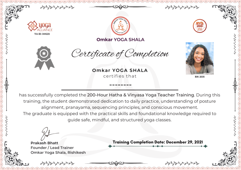 Certificate of completion yoga teacher training 200 hour yoga alliance